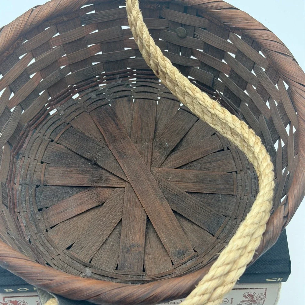 Vintage Woven Bamboo Basket with Rope Handles Made in Japan Dark Reddish Brown